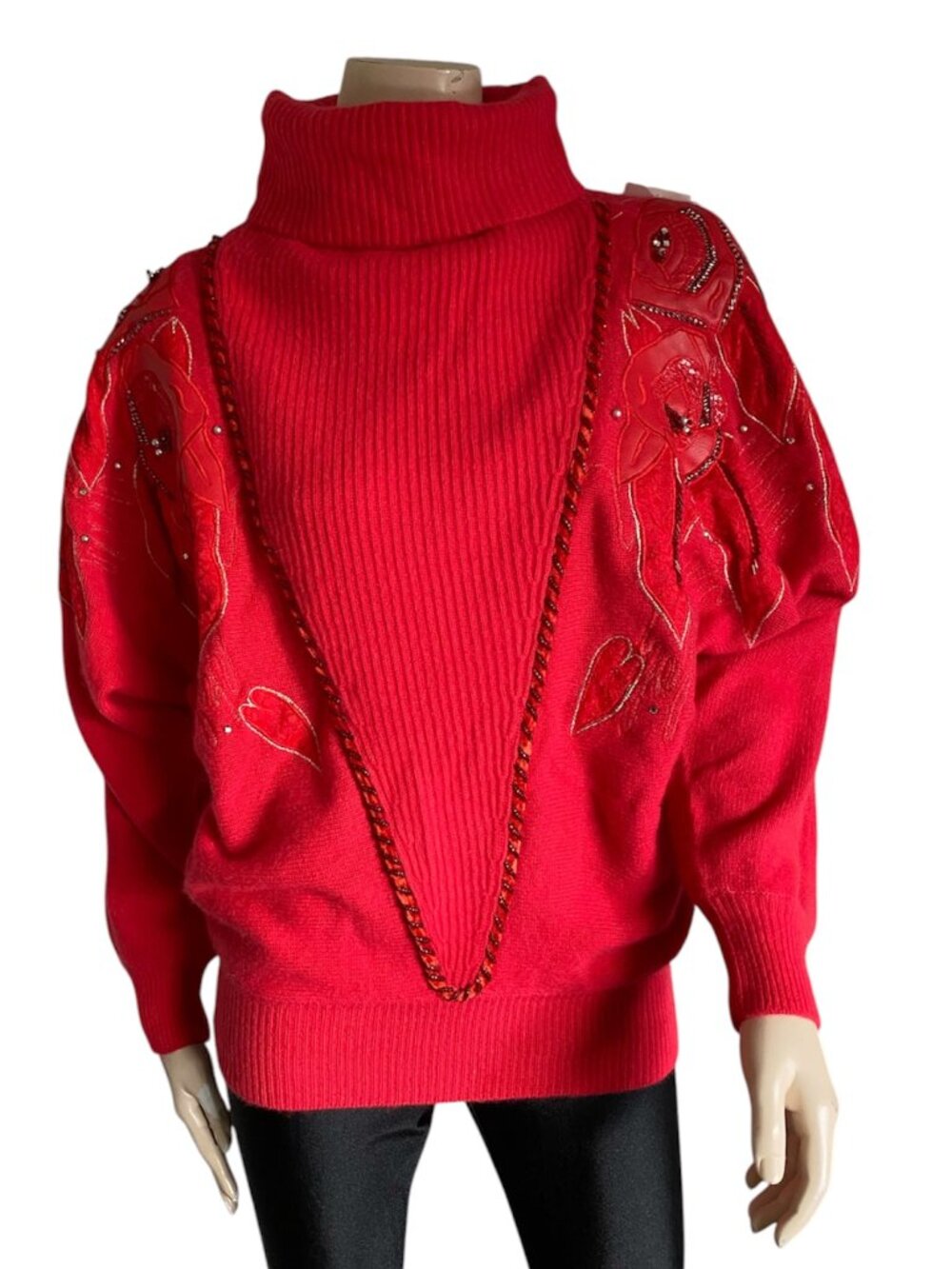 VTG 80s Miss Orly Angora Lambswool Beaded Leather Rose Turtleneck Sweater M NWT